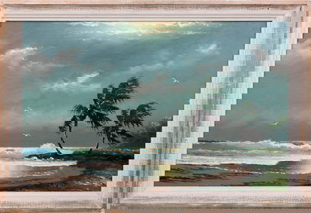 SAM NEWTON FLORIDA HIGHWAYMEN TIDES REMEMBERED: Newton, Samuel (B.1948) Florida Highwaymen Painting. Oil on linen Upson - signed lower right. Executed in full palette knife. An early Sam Floridian shore rendered on linen Upson. Suggestions of Harol