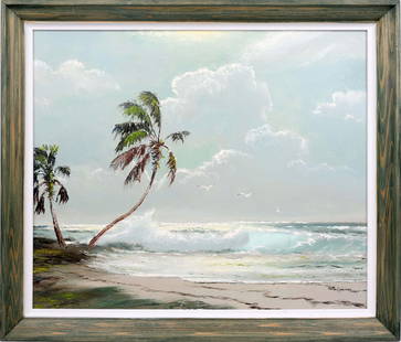 SAM NEWTON FLORIDA HIGHWAYMEN POETIC PALMS: Newton, Samuel (B.1948) Florida Highwaymen Painting. Oil on Masonite - signed lower right. Executed in full palette knife. A mid day shoreline with the poetry of two palms being gently blown back agai