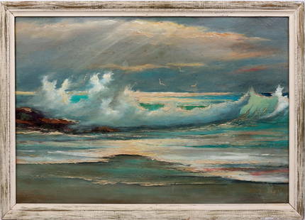 SAM NEWTON FLORIDA HIGHWAYMEN GOD SKY SEAS: Newton, Samuel (B.1948) Florida Highwaymen Painting. Oil on orange peel Upson - signed lower right. Brush and Palette knife. Turbulent waves crash upon the shoreline as a god sky can be seen in the di