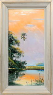 SAM NEWTON FLORIDA HIGHWAYMEN LAVENDER SKY: Newton, Samuel (B.1948) Florida Highwaymen Painting. Oil on Masonite - signed lower right. Executed with brush and Palette knife. A lavender sky, lit with orange-tinted clouds, sets a radiant tone. Ab