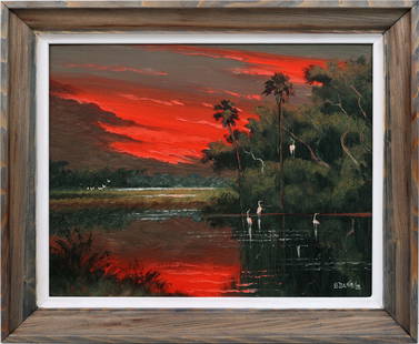 WILLIE DANIELS FLORIDA HIGHWAYMEN FLAMING SKY: Daniels, Willie (1950-2021) Florida Highwaymen Painting. Oil on canvas board - signed lower right. Executed in brush and palette knife. Up close, the brushwork reveals striking depth&#8212;each stroke