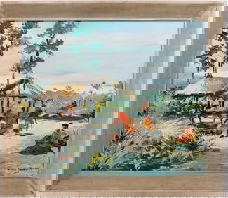 CARL HANTMAN OIL PAINTING NATIVE TIKI HUTS