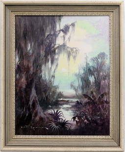 COLETTE POPE HELDNER SWAMP SCENE 1: Pope Heldner, Colette (1902-1990) Painting. Oil on Canvas Board - signed lower left. Executed in brushwork. A narrow, muddy river winds through dense backwoods. Cypress knees jut from dark, still wate