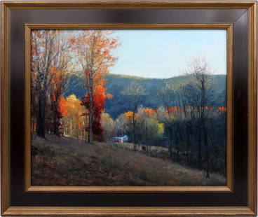 MITCH KOLBE OIL PAINTING VIEW FROM MY STUDIO: Kolbe, Mitch - Painting. Oil on Canvas - signed lower left and verso 2016. Executed with brush and palette knife. A vivid fall scene bursts with color&#8212;leaves ablaze in fiery reds, golds, and ora