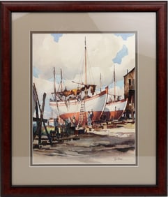 JOHN HARE WATERCOLOR NEW ENGLAND HARBOR