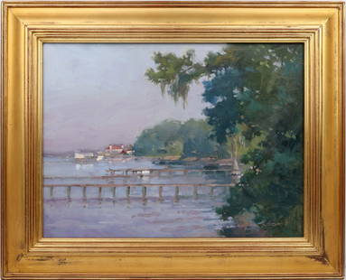 THOM BUTTNER PLEIN AIR PAINTING ST JOHNS RIVER: Buttner, Thom - Florida Artist Painting. Oil on Masonite - signed lower right. Plein Air painting executed in brushwork. Set along the St. John's River, this serene scene features Jerry Funk's distant