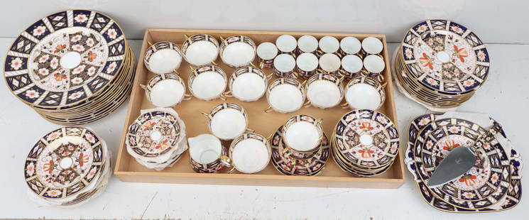 ROYAL CROWN DERBY TRADITIONAL IMARI DINNER SERVICE: 91 pieces total, 12 dinner plates 10 1/2", 12 Salad plates 8 1/4", 11 bread plates 6 1/4", 11 bouillon cups and 12 saucers, 11 demitasse cups and saucers, 3 coffee cups and saucers, square cake plate
