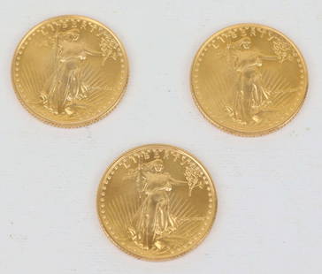 THREE 1/10TH OUNCE GOLD EAGLE COINS: Three 1/10th GOLD United States Gold Eagle coins. 1/10TH ounce of pure gold each. Condition: Mint