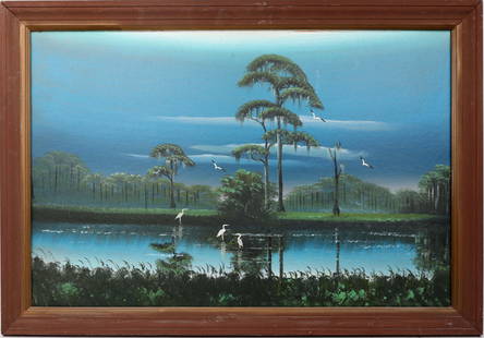 AL BLACK FLORIDA HIGHWAYMEN EVENING IN THE GLADES: Black Albert &#8220;Blood&#8221; (1947-2025) Florida Highwaymen Painting. Oil on Upson board - signed lower right. Undated but part of a matched pair painted in 1983. Executed with brush. A vivid wetl