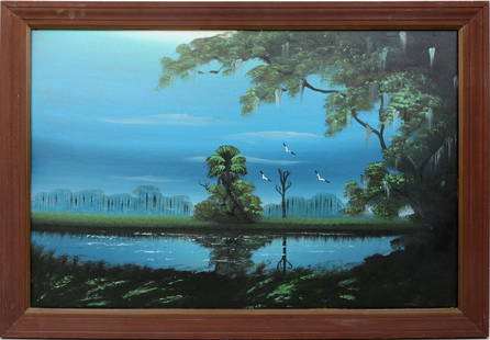 AL BLACK FLORIDA HIGHWAYMEN UNDISTURBED WETLANDS: Black Albert &#8220;Blood&#8221; (1947-2025) Florida Highwaymen Painting. Oil on Upson board - signed lower right. Undated but part of a matched pair painted in 1983. Executed with brush. The spoil is