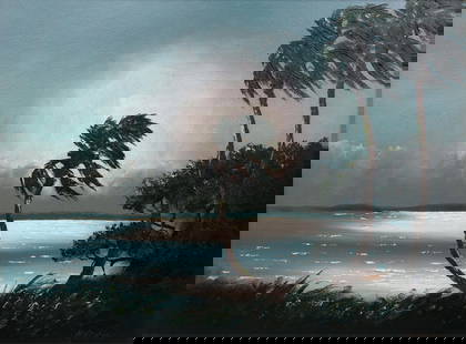 HAROLD NEWTON FLORIDA HIGHWAYMEN SWAYING PALMS: Newton, Harold (1934-1994) Florida Highwaymen Painting. Oil on Orange Peel Upson - signed lower right. Executed in palette knife upon a field of brush strokes. A moonlit river along the paradise shore