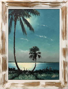 SAM NEWTON FLORIDA HIGHWAYMEN MOONLIGHT OVER BAY: Newton, Samuel (B.1948) Florida Highwaymen Painting. Oil on Canvas Board - signed lower right. Executed with brush and palette knife. Romance radiates as moonlight dances across tranquil waters. A sta