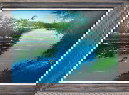 WILLIE DANIELS FLORIDA HIGHWAYMEN SERENE TABLEAU: Daniels, Willie (1950-2021) Florida Highwaymen Painting. Oil on Upson - signed lower right. Executed with brush and palette knife. A tranquil river glides beneath a radiant sky, its surface kissed by