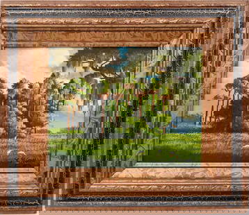 J. STOVALL FLORIDA ARTIST UNDISTURBED WILDERNESS: Stovall, J. - Florida Artist Painting. Oil on Masonite - signed lower right. Executed with brush and palette knife. A lush growth of palms and trees are centered in a field of grass. Egrets forage in