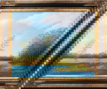 KELVIN HAIR FLORIDA ARTIST BLUE SKY: Hair, Kelvin - Florida Artist Painting. Son of Florida Highwaymen Alfred Hair. Oil on Canvas - signed lower right. Executed in brush. The sky commands attention with its layered clouds, setting a cont