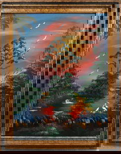 MICHAEL LOVE FLORIDA ARTIST FANTASY LANDSCAPE: Love, Michael (B. 1972) Florida Artist Painting. Nephew of Florida Highwaymen Al Black. Oil on canvas - signed lower right. Executed with brush. This painting bursts with vibrancy&#8212;wildlife fills