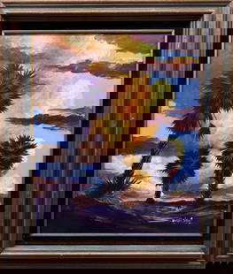 WESLEY STOUT FLORIDA ARTIST THREE PALMS: Stout, Wesley - Florida Artist Painting. Acrylic on canvas - signed lower right. Crafted in brush. Yellow clouds contrast with the purple hues that create foreground. Canvas measures 16x20 framed to o
