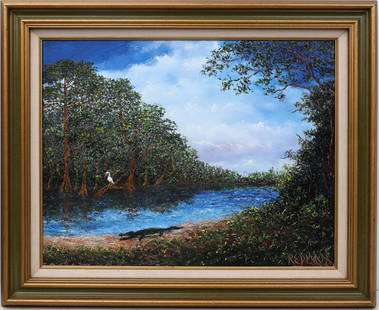 REDMAN FLORIDA ARTIST PAINTING ALLIGATOR: Redman - Florida Artist Painting. Oil on Canvas - signed lower right. Executed in brush and palette knife. An alligator basks along the river&#8217;s edge, a quiet sentinel beneath a deep blue sky bru