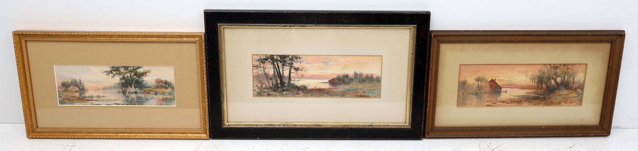 J RALPH WILCOX WATERCOLOR LOT OF 3 FLORIDA: Wilcox, James Ralph (1866 - 1915) Painting. Watercolor on paper - signed lower right. Executed in brush. Image measures 4x11 matted and framed to overall size of 11x18. Watercolor on paper - signed lo