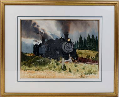 ROBERT O'CONNER THE TRACKS WATERCOLOR TRAIN ENGINE: OConner, Robert J. (1929-2009). Watercolor on Paper - signed lower left. Image measures 14.5x19.5 framed to overall size of 24x30. Robert was a lifelong artist, whose art is currently displayed at the