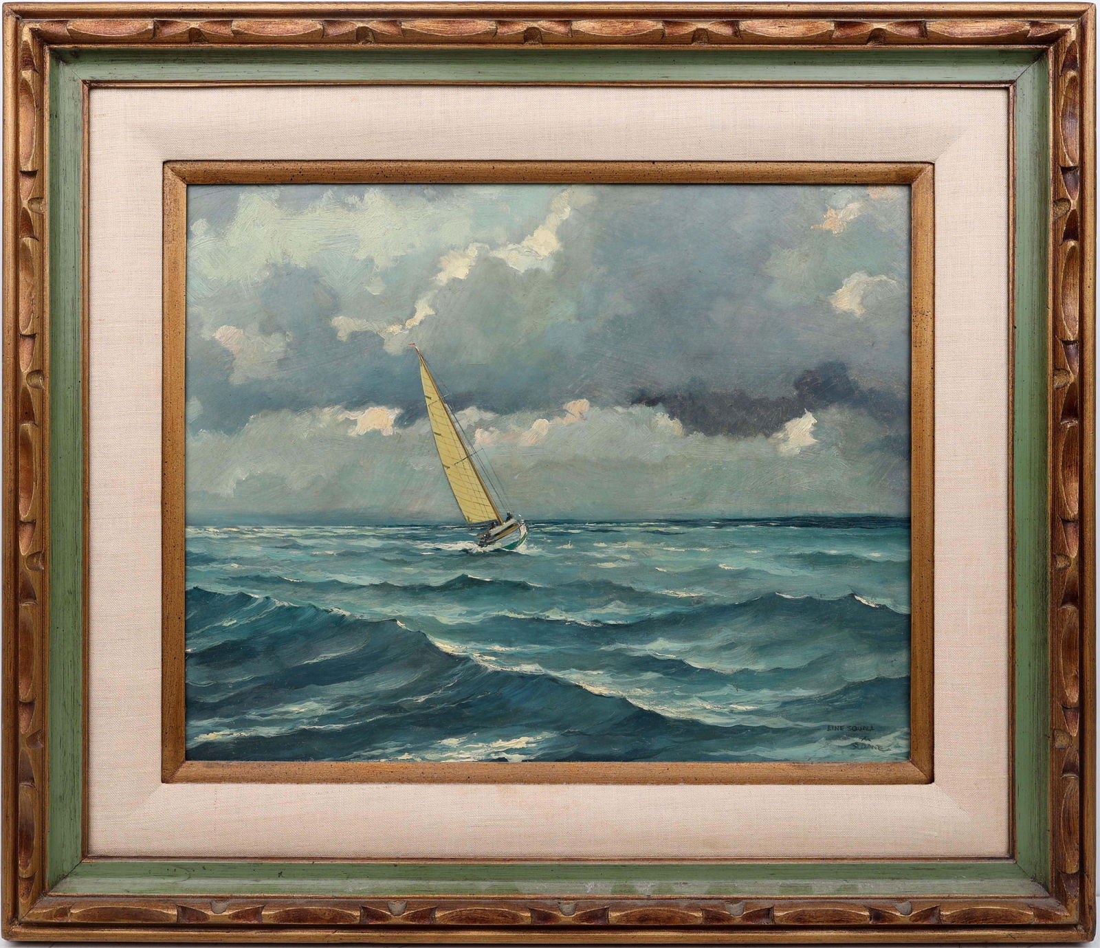 ERIC SLOANE ORIGINAL OIL PAINTING LINE SQUALL: Sloane, Eric (1905-1985) Original Painting. Oil on Masonite - signed lower right and titled "Line Squall". Executed in brush. A dramatic seascape charged with tension—squall winds tilt the sailb