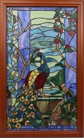 PEACOCK LEADED STAINED GLASS PANEL