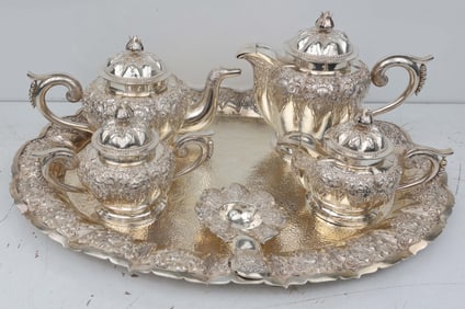 ORNATE GERMAN SILVER TEA SERVICE 6 PIECE .800 FINE