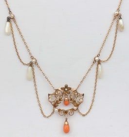 14K VICTORIAN LAVALIERE CORAL SEED PEARL NECKLACE