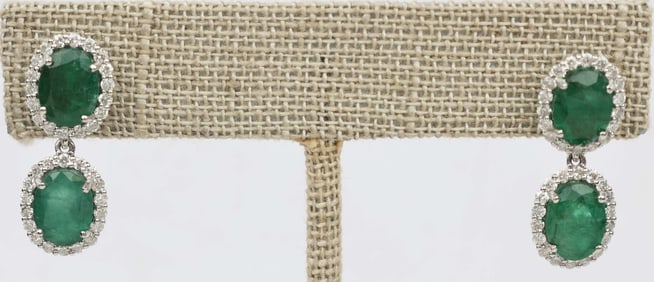 14K WHITE GOLD DIAMOND EMERALD EARRINGS