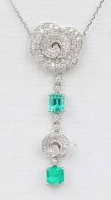 14K WHITE GOLD DIAMOND & EMERALD PENDANT