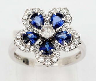 18K WHITE GOLD DIAMOND SAPPHIRE FLOWER RING
