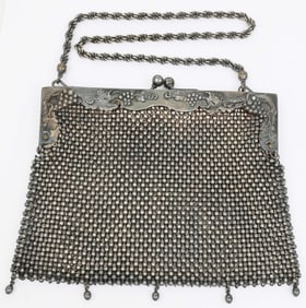 GERMAN SILVER BEADED PURSE WITH ROPE CHAIN STRAP
