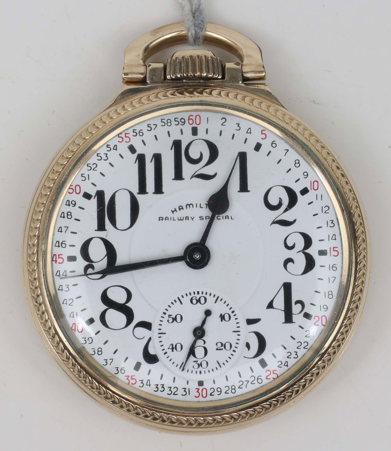 HAMILTON 992B RAILWAY SPECIAL POCKET WATCH: Hamilton Model 992B size 16 pocket watch, 1966, 21-jewel movement in a Hamilton 10K rolled gold plate case. Sunken seconds aperture, bold black Arabic numerals on a crisp white dial, blued steel hands