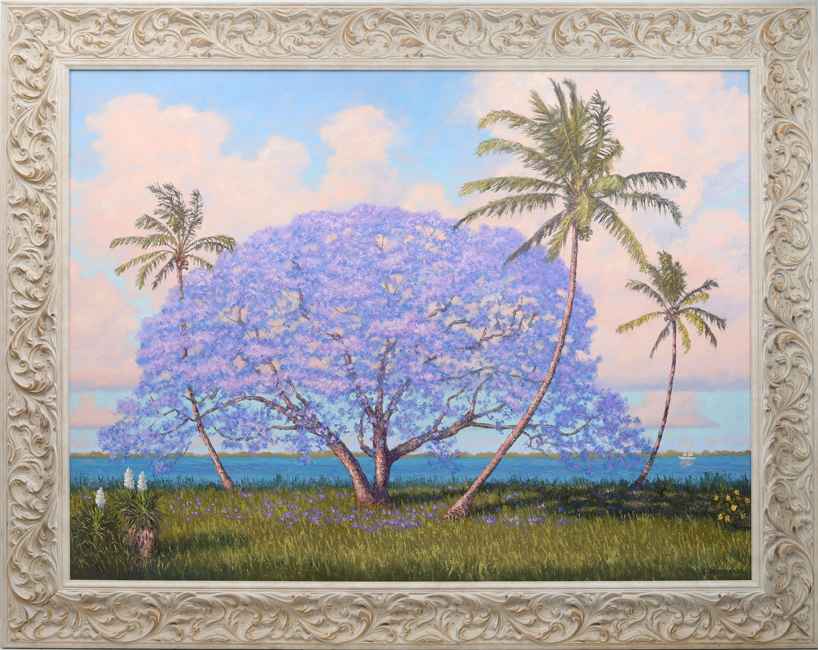 SCOTT WOODWARD FLORIDA ARTIST JACARANDA: Woodward, Scott - Florida Artist Painting. Oil on Canvas - signed lower right. Executed in full palette knife. A sprawling jacaranda tree bursts with life, its wide canopy covered in vibrant purple bl