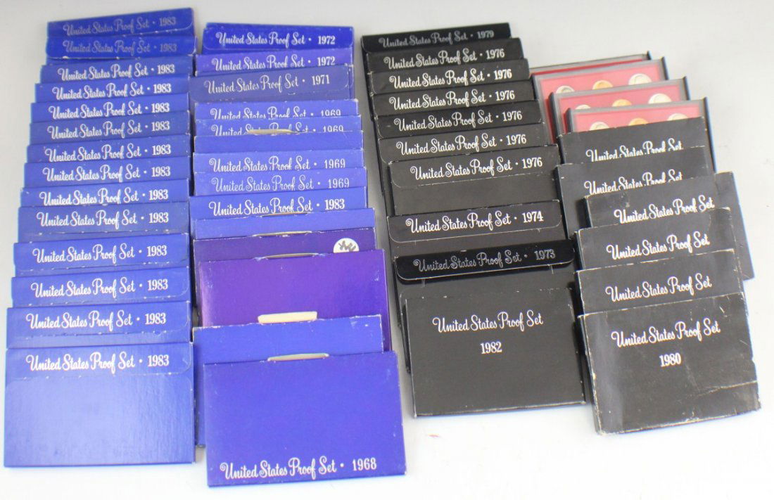 50 UNITED STATES PROOF MINT SETS 1968 - 1983: 50 UNITED STATES PROOF MINT SETS 1968 - 1983 Grouping of 50 US Proof Mint Sets in original government packaging; 1968 (4), 69 (6), 71 (2), 72 (3), 73, 74, 76 (6), 79, 80 (3), 81 no box, 82 (7) 3 of wh