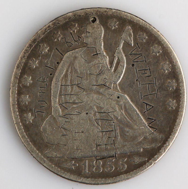 1855-O US SEATED HALF DOLLAR FINE W/ ARROWS: 1855-O US SEATED HALF DOLLAR FINE W/ ARROWS 1855 Seated Half Dollar with civil war era writing on the coin. Obverse "June, 1 1862 W.F.Ham Corinth Miss"; Reverse "Ca. D. 50. ILL"