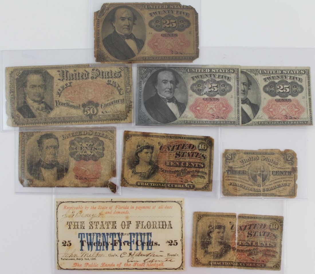 (9) US 19TH CENTURY FRATIONAL CURRENCY: (9) US 19TH CENTURY FRATIONAL CURRENCY Grouping of US Fractional Currency; 1863 3 Cent, 1863 10 cent, 18-- 10 cent, ripped in half 1863 10 cent, (3) 1874 25 cent, 1863 Florida 25 cent, and 1875 50 cen