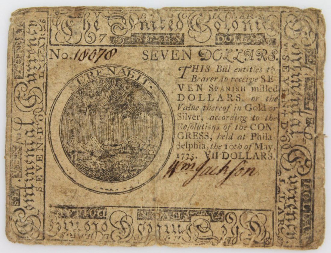 1775 PHILADELPHIA SEVEN DOLLAR COLONIAL CURRENCY: 1775 PHILADELPHIA SEVEN DOLLAR COLONIAL CURRENCY May 10, 1775 $7 Philadelphia Continental Note by Hall and Sellers No. 18076.