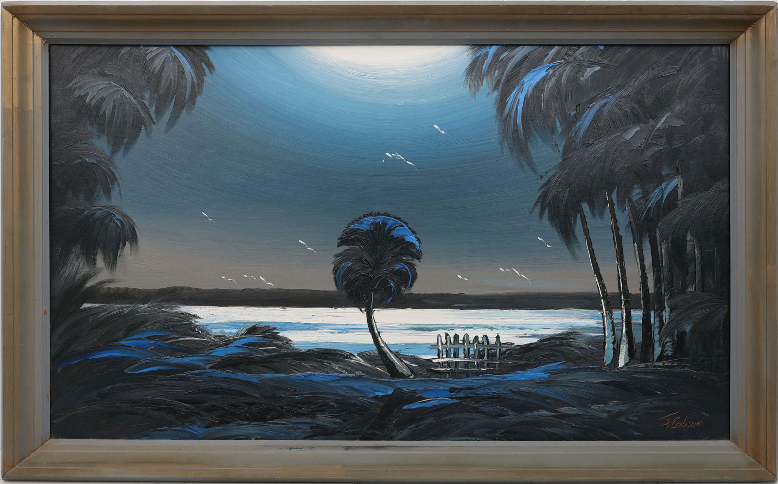 JAMES GIBSON FLORIDA HIGHWAYMEN RIVER SHIMMERS: Gibson, James (1938-2017) Florida Highwaymen Painting. Oil on Linen Upson - signed lower right. Executed in brush and palette knife. Gibson’s Study in Blue radiates serenity. The St. Lucie River