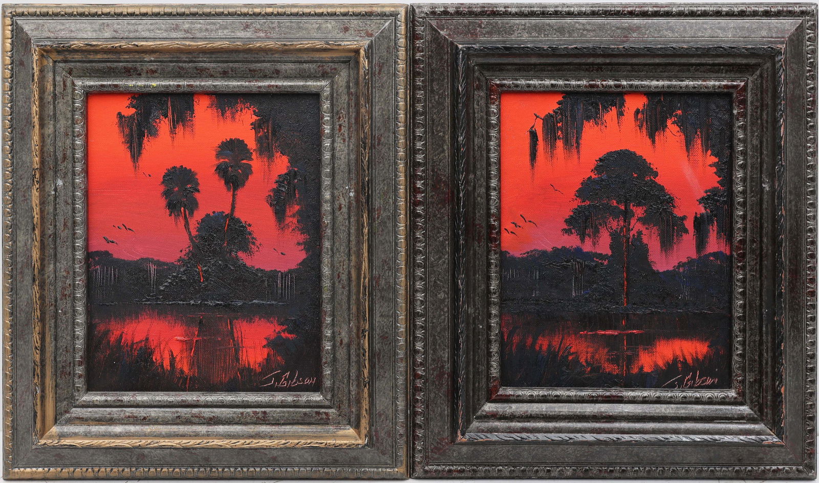 JAMES GIBSON FLORIDA HIGHWAYMEN -CATCH ME IF U CAN: Gibson, James (1938-2017) Florida Highwaymen Painting. Oil on Linen Upson - signed lower right. Executed in brush and palette knife. James Gibson’s Crimson-toned pair evokes the quiet poetry of