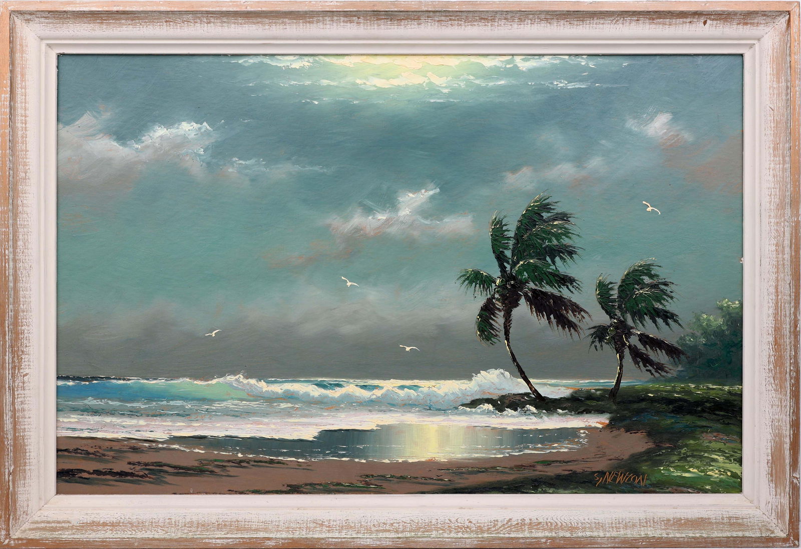 SAM NEWTON FLORIDA HIGHWAYMEN TIDES REMEMBERED: Newton, Samuel (B.1948) Florida Highwaymen Painting. Oil on linen Upson - signed lower right. Executed in full palette knife. An early Sam Floridian shore rendered on linen Upson. Suggestions of Harol