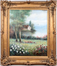 EDDIE WONG OIL PAINTING ALONG THE WATER'S EDGE