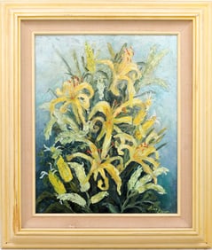 NINA ELLIOTT PAINTING YELLOW LILIES IN BLOOM