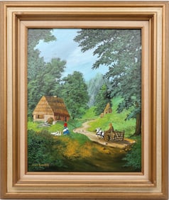 JEAN D. KOWALSKI PAINTING RUSTIC VILLAGE SCENE