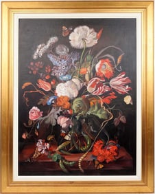 STILL LIFE PAINTING VASE FLORAL BUTTERFLY SNAILS