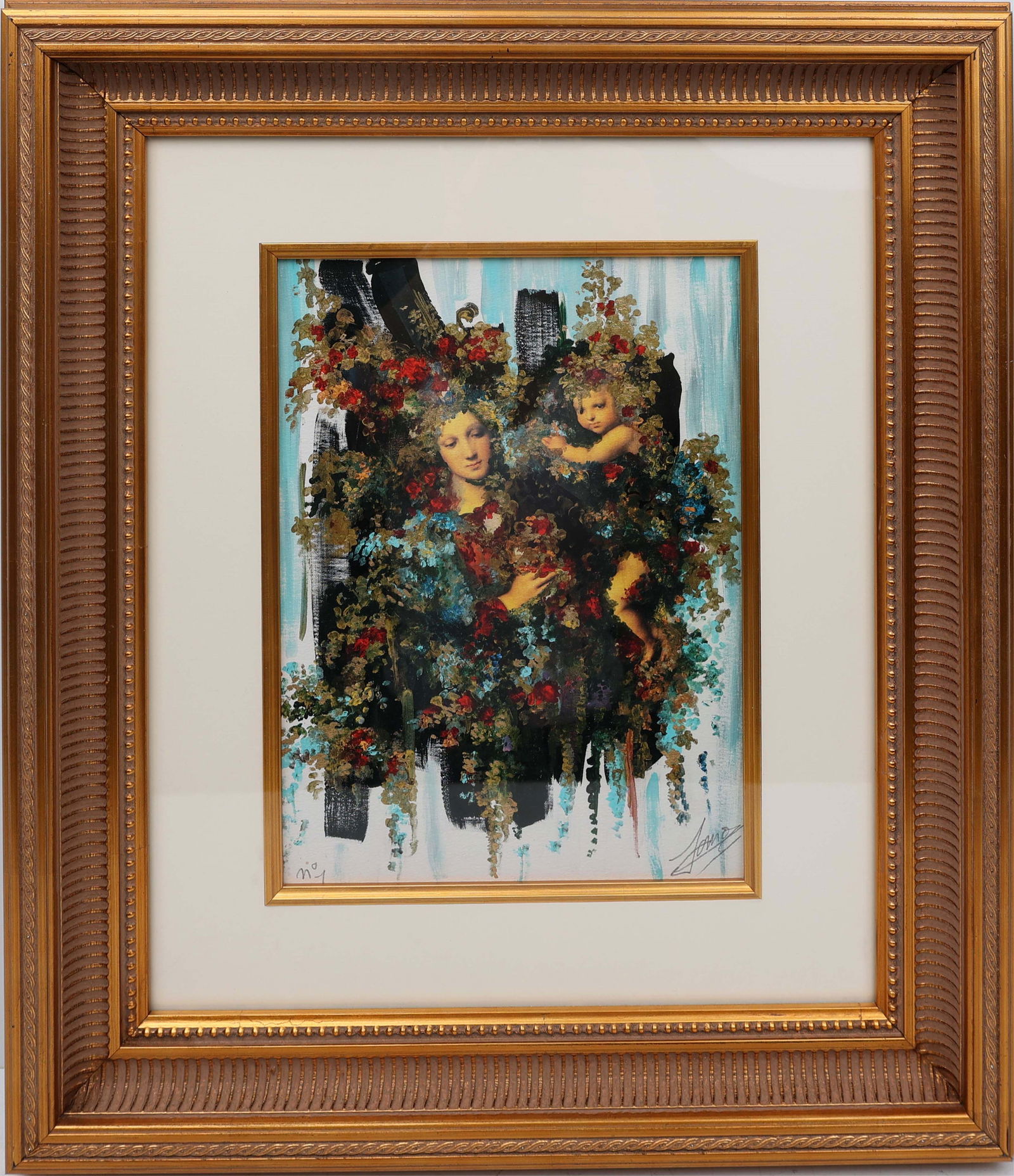 FLORENCE COMAS OIL PAINTING WITH COLLAGE: Comas, Florence (B. 1965) Oil painting with collage on paper - signed lower right. A tender fusion of emotion and nature—this collage captures the intimate bond of mother and child, enriched by
