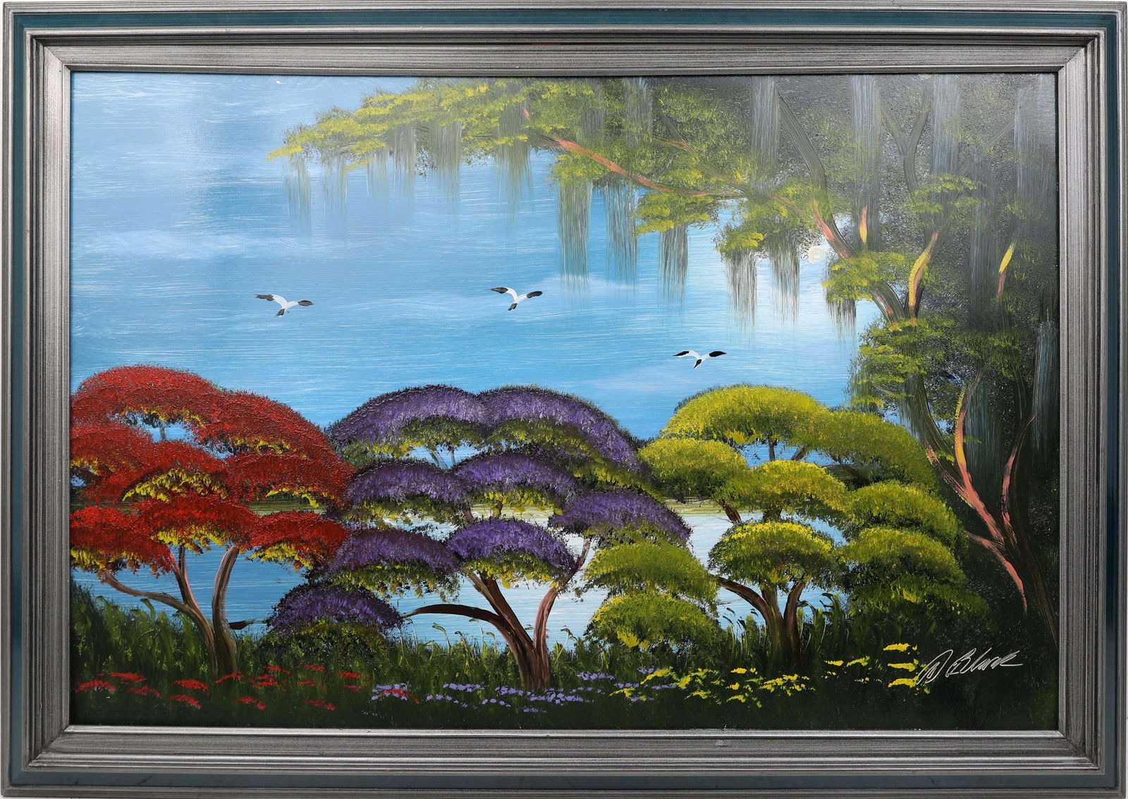 AL BLACK FLORIDA HIGHWAYMEN TRINITY: Black, Albert “Blood” (1947-2025) Florida Highwaymen Painting. Oil on Masonite - signed lower right. Executed in brush. Vivid trio of blooming trees, featuring yellow Tabebuia, purple Jaca