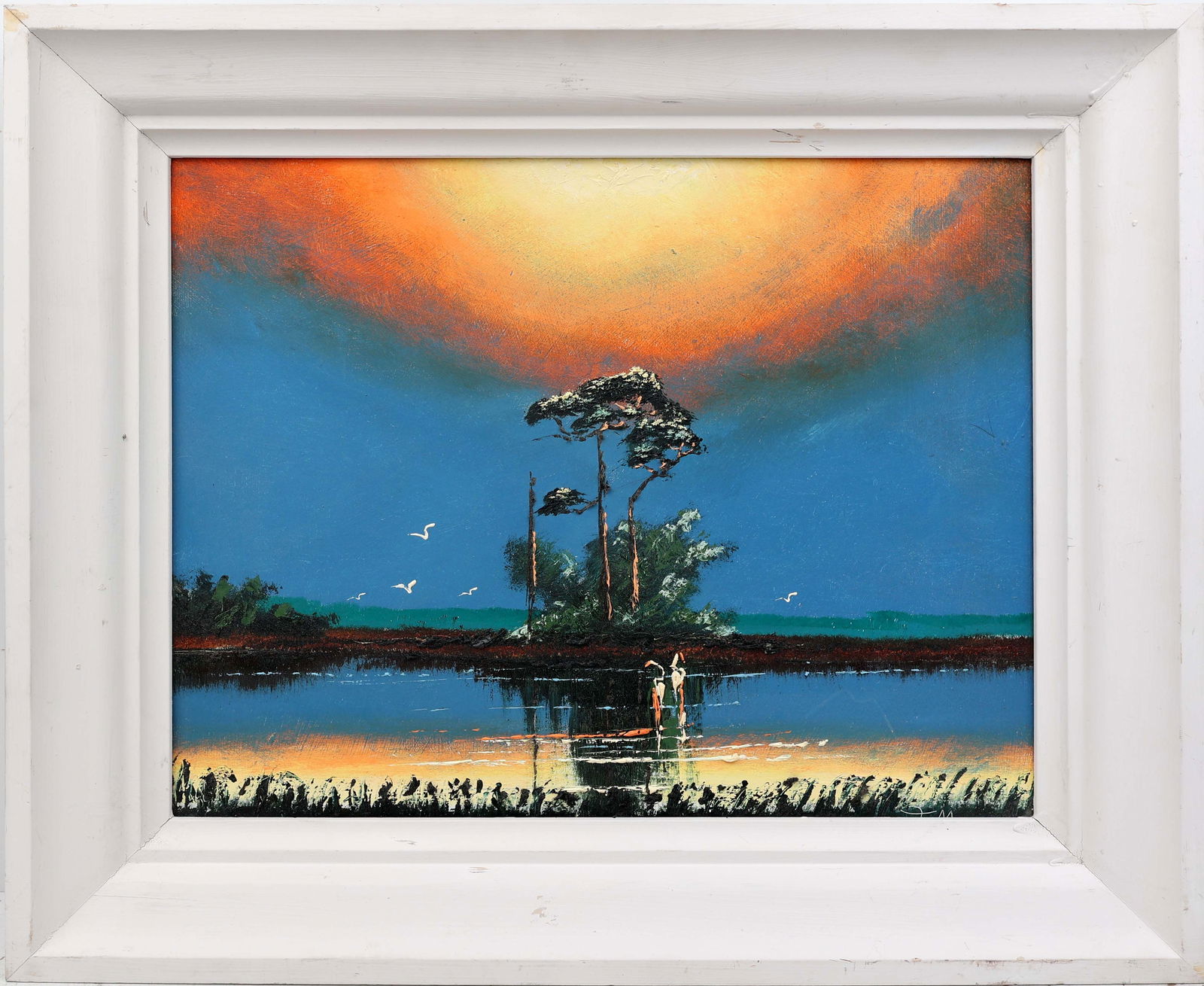 JOHN MAYNOR FLORIDA HIGHWAYMEN WETLAND: Maynor, John (1948-2016) Florida Highwaymen Painting. Oil on Masonite - signed lower right and verso. Executed in palette knife upon a field of brushwork. Wetland presents a nuclear sunburst above a t