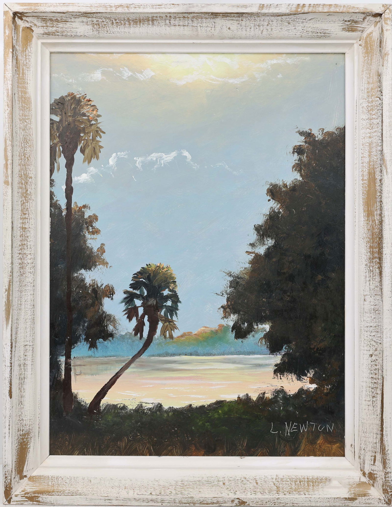 LEMUEL NEWTON FLORIDA HIGHWAYMEN IMPRESSIONIST LEM: Newton, Lemuel (1950-2014) Florida Highwaymen Painting. Oil on Masonite - signed lower right. Executed in brush. Lem Newton’s mooted shoreline seascape channels Impressionist sensibility—b