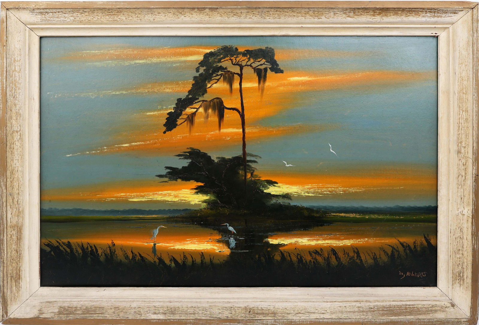 LIVINGSTON ROBERTS FLORIDA HIGHWAYMEN TREE OF LIFE: Roberts, Livingston “Castro” (1942-2004) Florida Highwaymen Painting. Oil on Upson - signed lower right. Executed in Brush and Palette knife. Tree of Life centers a solitary, triumphant pi